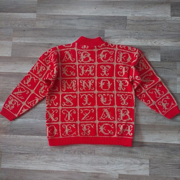 Vintage Red Gold Alphabet Mock Neck Sweater Medium - Picture 4 of 8